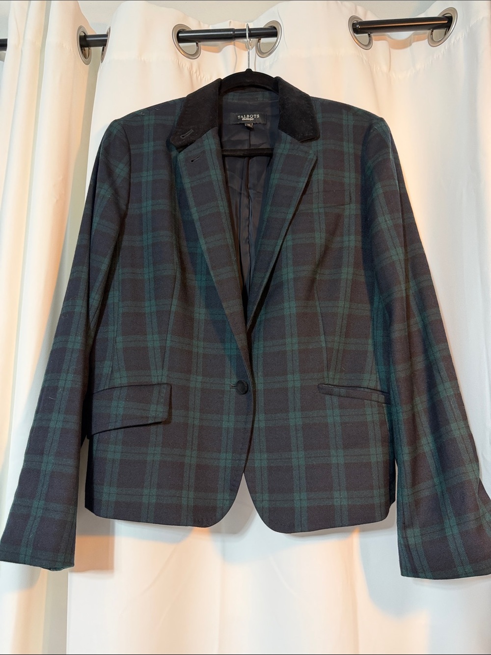 Vintage Talbots Wool Blend Green Navy Black Tartan Plaid Velvet Collar Blazer R2